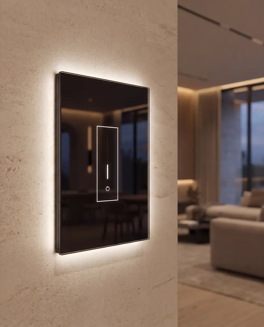 iotty 1-gang · black glass smart switch, backlit on a plaster wall
