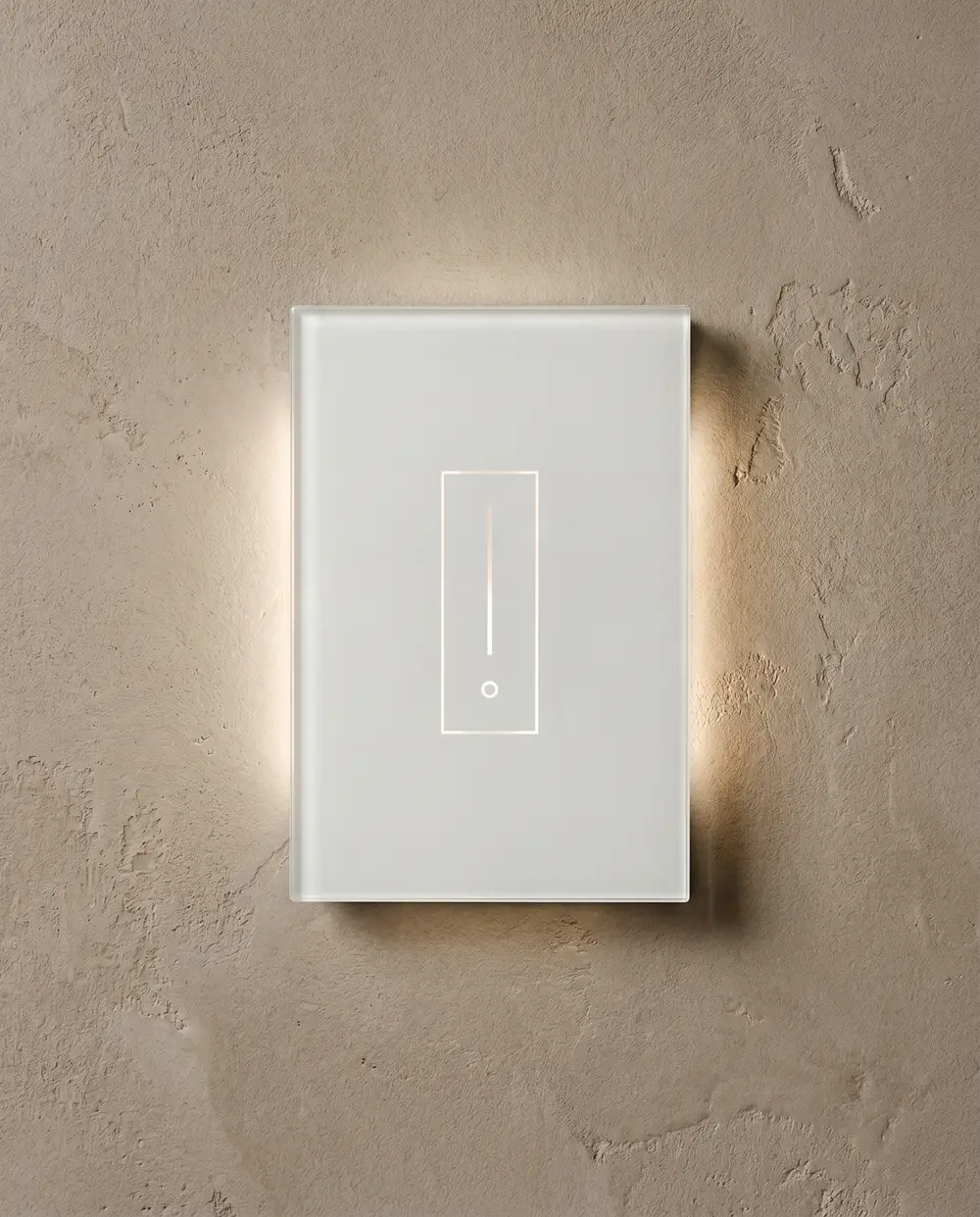 iotty 1-gang · white glass smart switch, backlit on a plaster wall