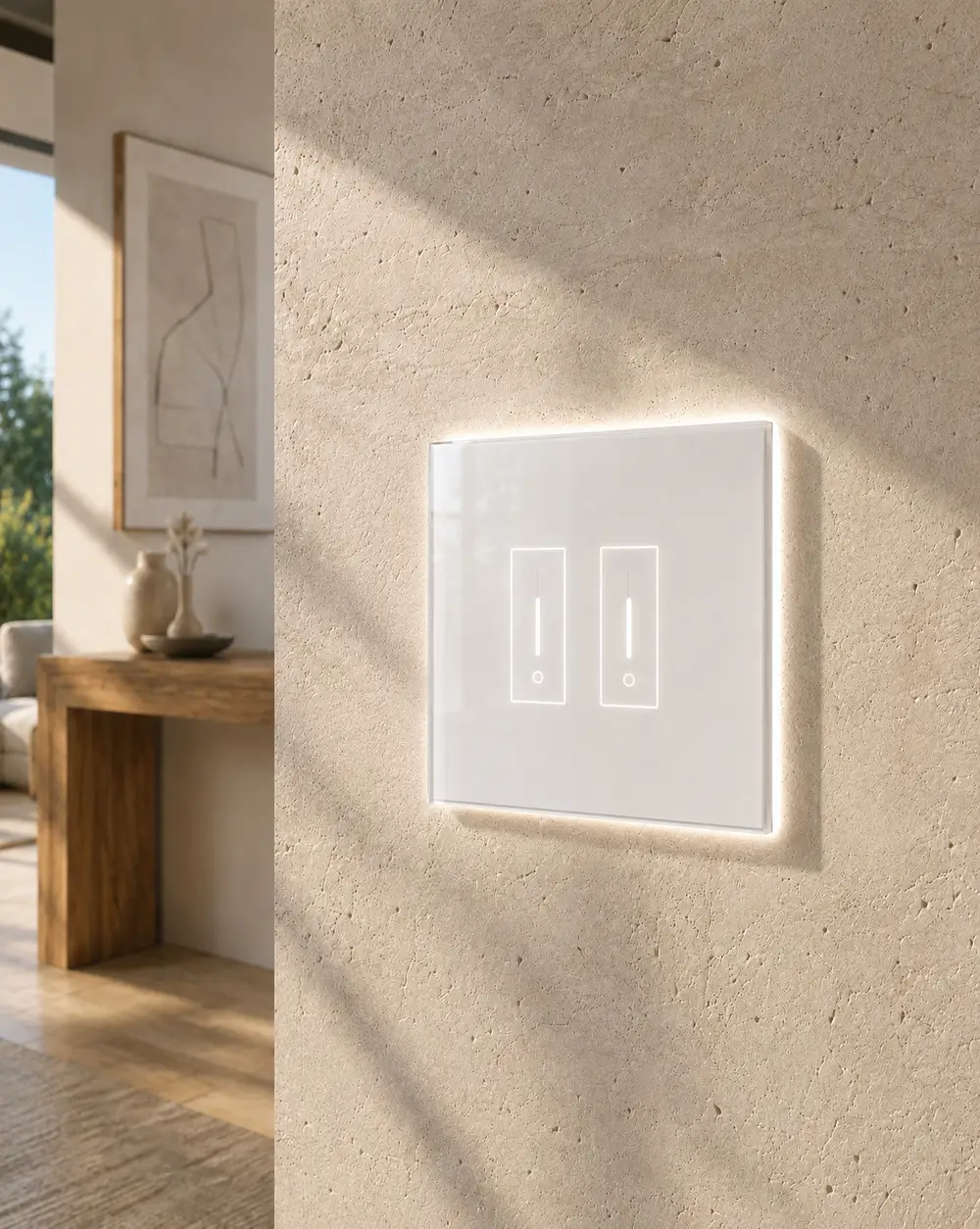 iotty 2-gang · white glass smart switch, backlit on a plaster wall